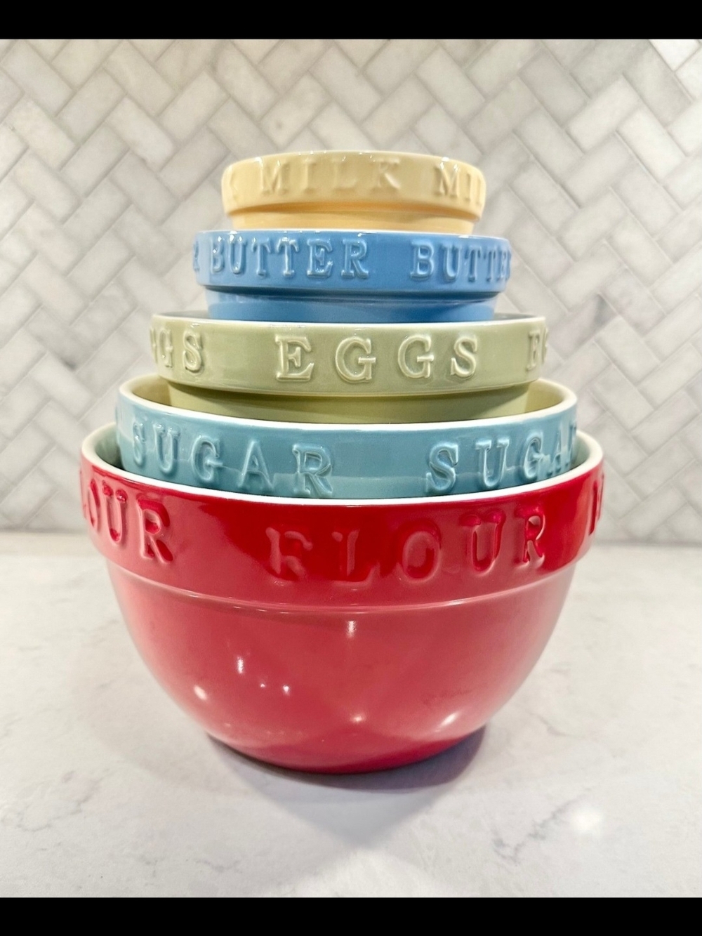 Stacked Ceramic Mixing Bowl Set - Red, Light Blue, Sage, Blue, Cream